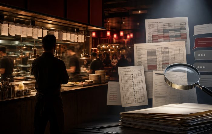 Restaurant manager watches busy kitchen as payroll records and messages appear under legal-style scrutiny.