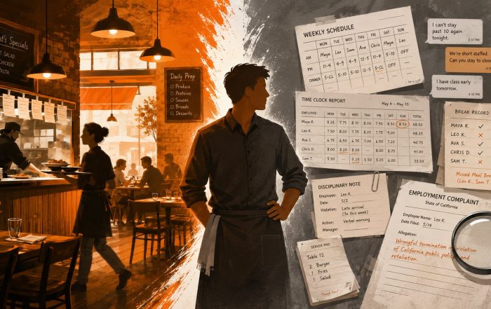 Small restaurant manager split between active service and employment claim records under review.