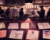 Stylized split-scene restaurant kitchen above payroll, schedule, and termination records linked below.