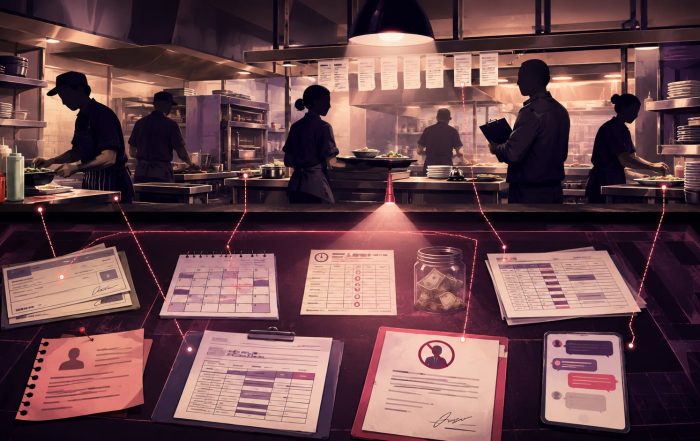 Stylized split-scene restaurant kitchen above payroll, schedule, and termination records linked below.