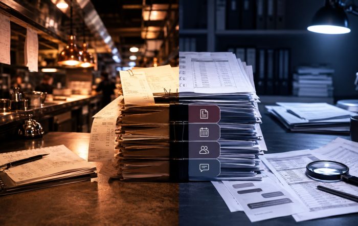 Restaurant records split between kitchen operations and legal review documents.