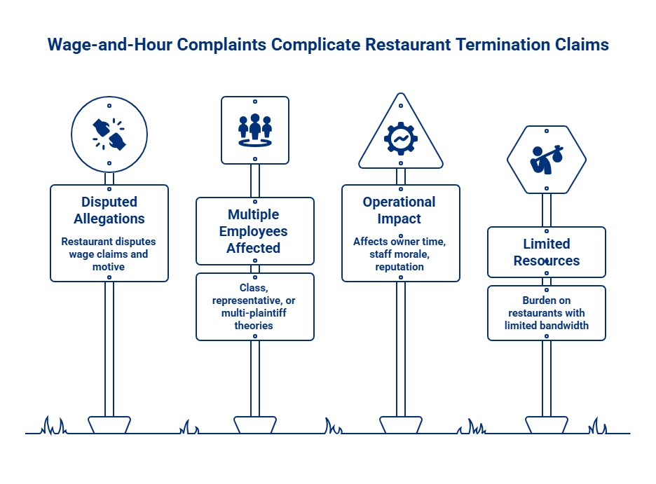 Wage-and-hour complaint graphic showing disputed allegations, multiple employees affected, operational impact, and limited resources in restaurant termination claims.