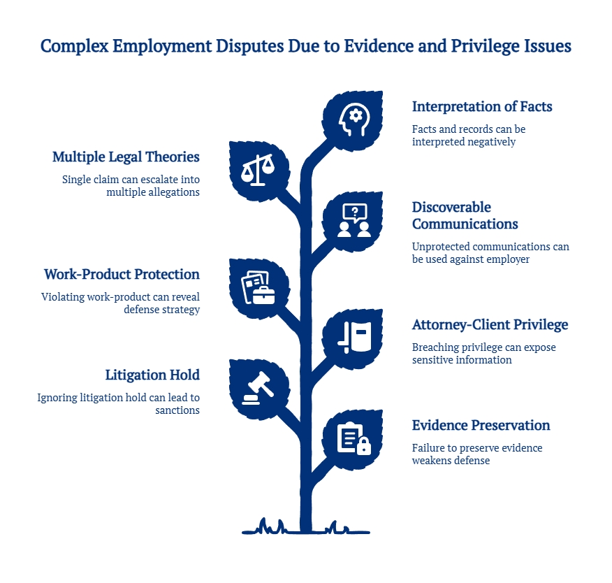 Tree diagram showing complex employment disputes, highlighting multiple legal theories, work-product protection, litigation hold, discoverable communications, attorney-client privilege, and evidence preservation.