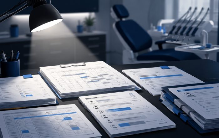 Dental office desk with employment records under inspection light, with dental chair and equipment in the background.