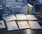 Dental practice desk with employee records under a task lamp, dental chair behind, and legal scales nearby.