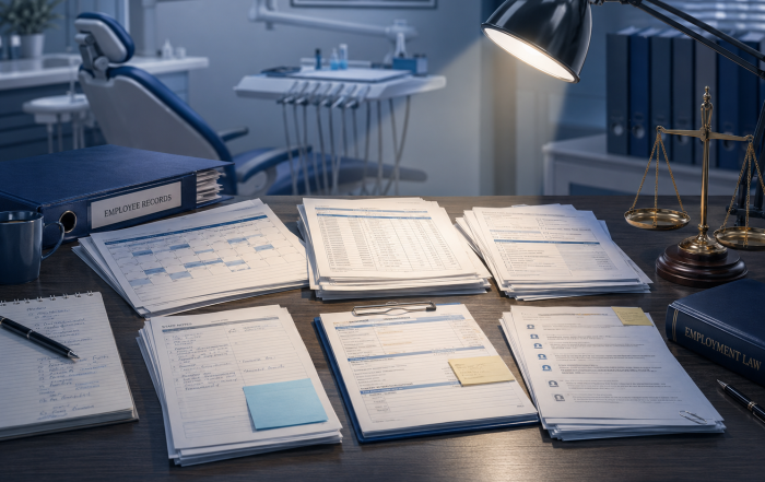 Dental practice desk with employee records under a task lamp, dental chair behind, and legal scales nearby.
