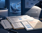 Dental office desk with employment records under a spotlight, with a dental chair in the background suggesting legal scrutiny.