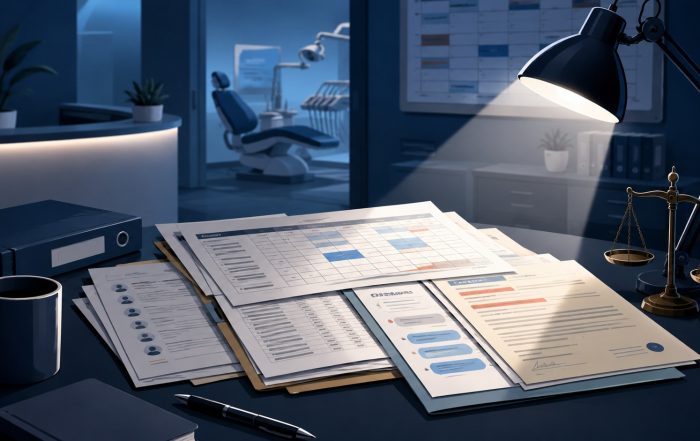 Dental office desk with employment records under a spotlight, with a dental chair in the background suggesting legal scrutiny.
