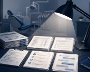 Dental office desk with employment records under a spotlight, with a blurred dental chair in the background.