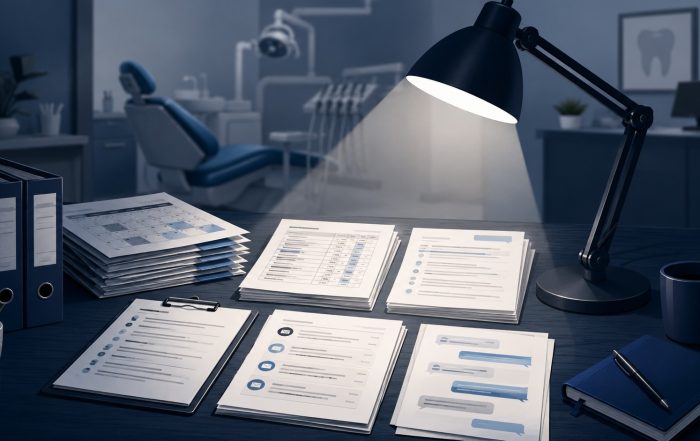 Dental office desk with employment records under a spotlight, with a blurred dental chair in the background.