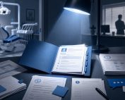 Spotlighted employee records on a desk inside a dental office, with a treatment room blurred in the background.