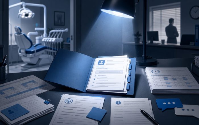 Spotlighted employee records on a desk inside a dental office, with a treatment room blurred in the background.