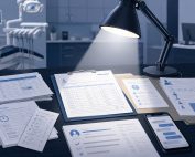 Dental office records and staff documents under a spotlight on a desk, with a treatment chair blurred in the background.