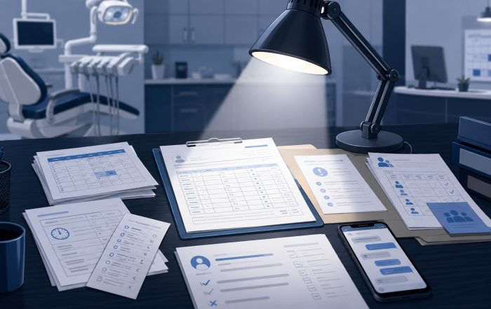 Dental office records and staff documents under a spotlight on a desk, with a treatment chair blurred in the background.