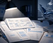 Dental office staffing and payroll records under a spotlight, with a treatment room visible in the background.