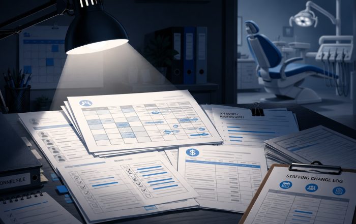 Dental office staffing and payroll records under a spotlight, with a treatment room visible in the background.