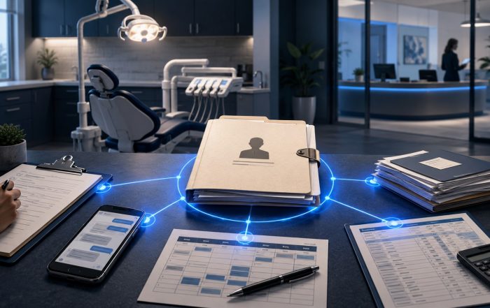 Dental office records, phone messages, schedules, and payroll sheets connected to a central termination file.