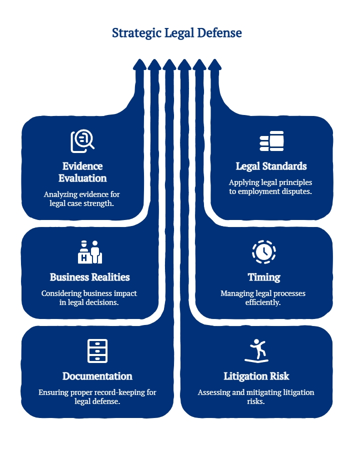 Diagram showing strategic legal defense in dental practices, highlighting evidence evaluation, legal standards, business realities, timing, documentation, and litigation risk.