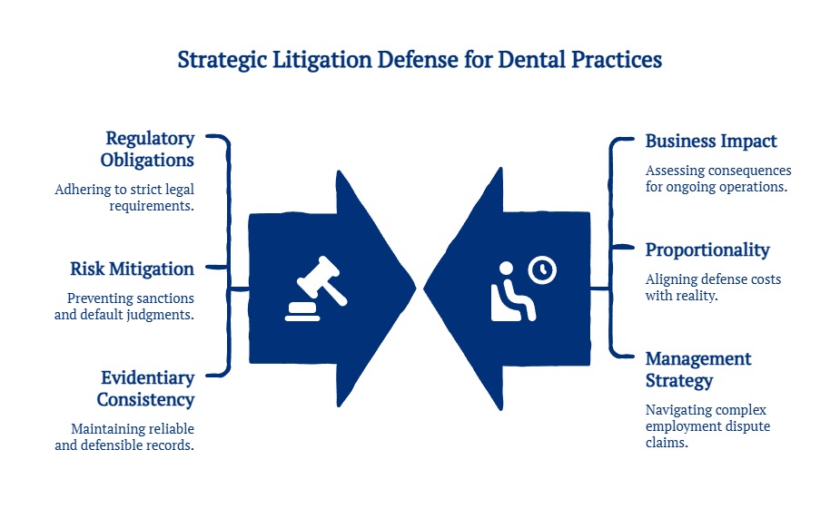 Dental practice litigation graphic showing how regulatory obligations, risk mitigation, and evidentiary consistency align with business impact, proportionality, and management strategy.