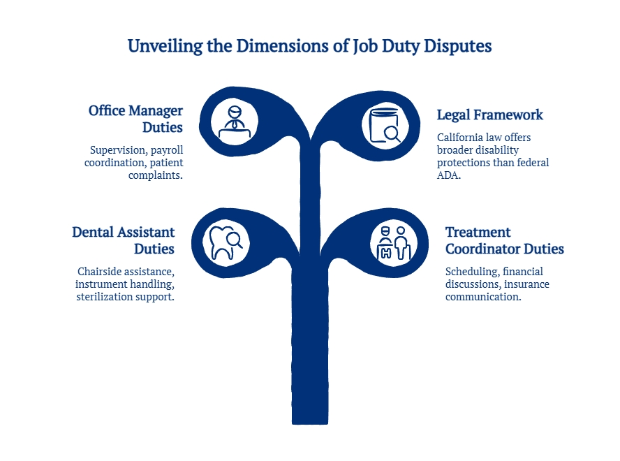Tree diagram showing dimensions of job duty disputes in dental practices, highlighting office manager, dental assistant, and treatment coordinator duties along with legal framework considerations.