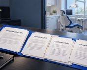 Open employment file with complaint, staffing records, communications, and termination notice beside a dental treatment room.