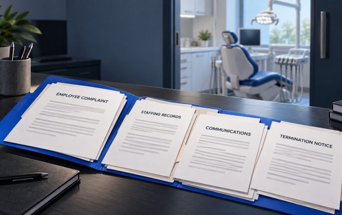 Open employment file with complaint, staffing records, communications, and termination notice beside a dental treatment room.