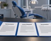 Performance records, a leave request, and termination paperwork arranged on a desk in a dental office.