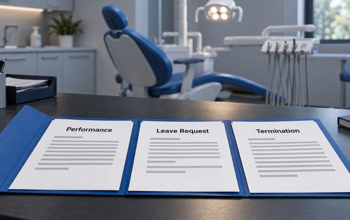 Performance records, a leave request, and termination paperwork arranged on a desk in a dental office.