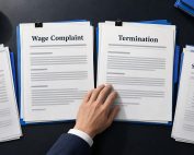 Reviewer examining wage complaint and termination documents alongside payroll and scheduling records.