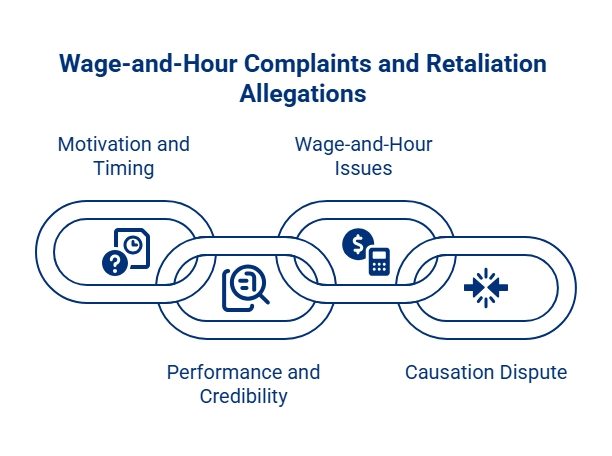 Chain-link infographic showing how wage-and-hour complaints and retaliation allegations connect timing, performance and credibility, wage issues, and causation disputes.