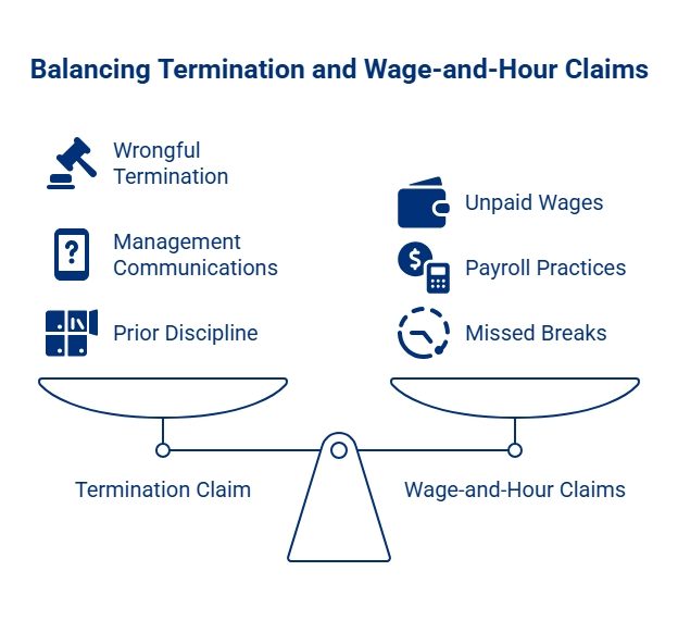 Infographic balancing wrongful termination and wage-and-hour claims, comparing discipline and management communications with unpaid wages, payroll practices, and missed breaks.