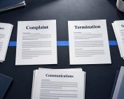 Complaint and termination documents arranged with attendance records, schedules, and management communications.