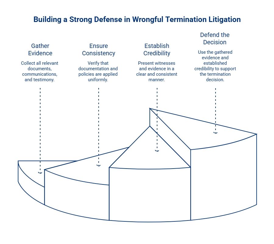 Infographic outlining a wrongful termination defense through gathering evidence, ensuring consistency, establishing credibility, and defending the termination decision.
