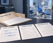 Employment case folder, staff schedule, payroll records, and disciplinary notes on a desk in a dental practice.