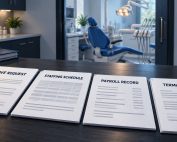 Leave, staffing, payroll, and termination records arranged on a desk with a dental chair in the background.