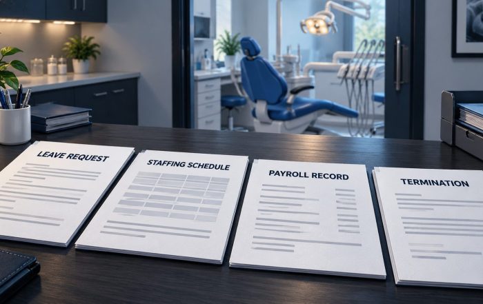 Leave, staffing, payroll, and termination records arranged on a desk with a dental chair in the background.