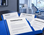 Termination, payroll, staff schedule, and communication records on a desk with a dental chair in the background.