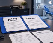 Complaint, termination, payroll, and scheduling records on a dental-office desk beside a treatment room.
