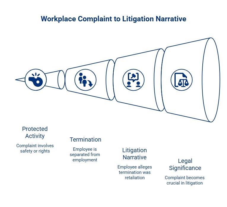 Infographic showing a workplace complaint progressing from protected activity and termination to a retaliation narrative and greater legal significance in litigation.
