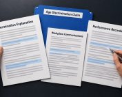Hands compare a termination explanation, performance records, and workplace communications beside an age discrimination file.