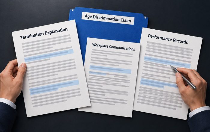Hands compare a termination explanation, performance records, and workplace communications beside an age discrimination file.