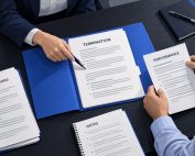 Business owner and legal reviewer examine termination paperwork, performance records, communications, and notes.