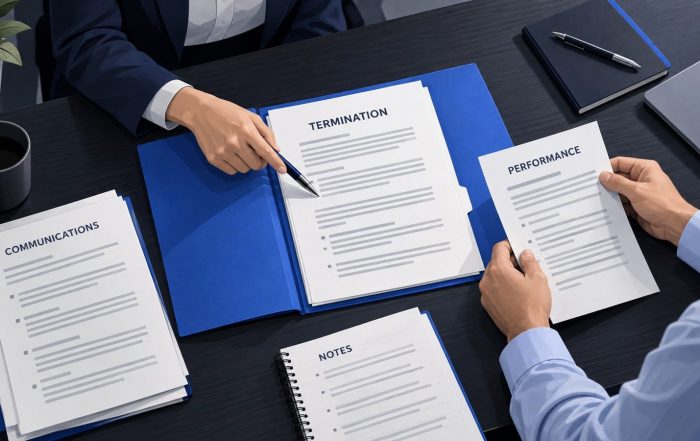 Business owner and legal reviewer examine termination paperwork, performance records, communications, and notes.