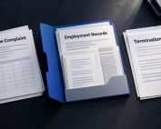 Overtime complaint, employment records in a blue folder, and termination documents arranged across a dark desk.