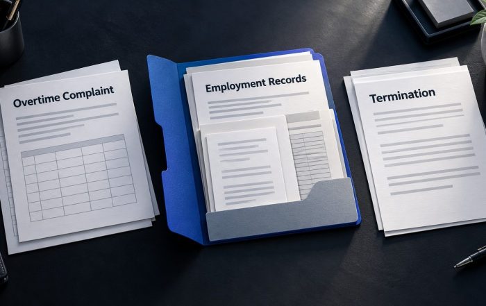 Overtime complaint, employment records in a blue folder, and termination documents arranged across a dark desk.