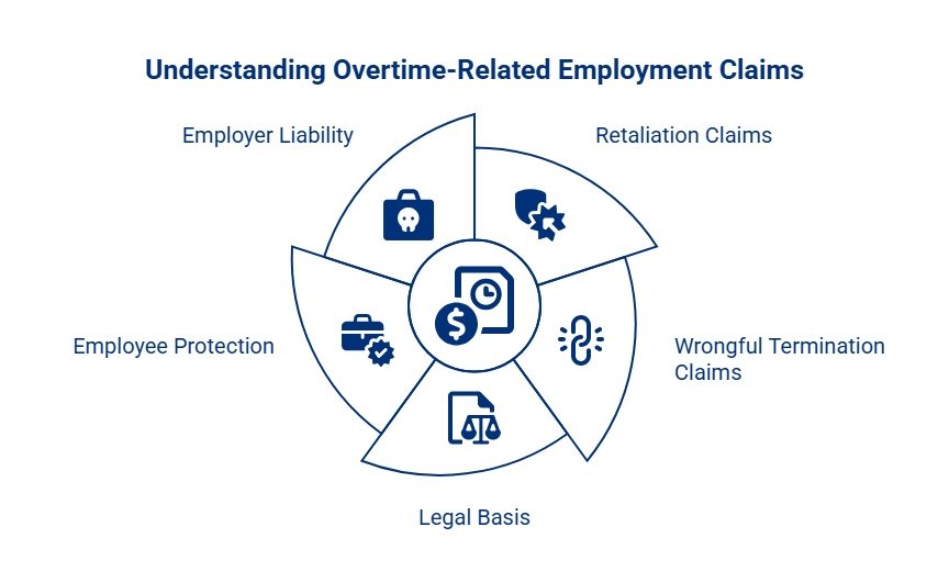 Infographic explaining overtime-related employment claims, including employer liability, retaliation, wrongful termination, legal basis, and employee protections.