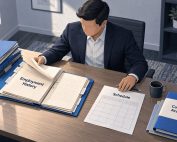 Business owner reviews employment history beside stacked records, a staffing schedule, and customer account folders.