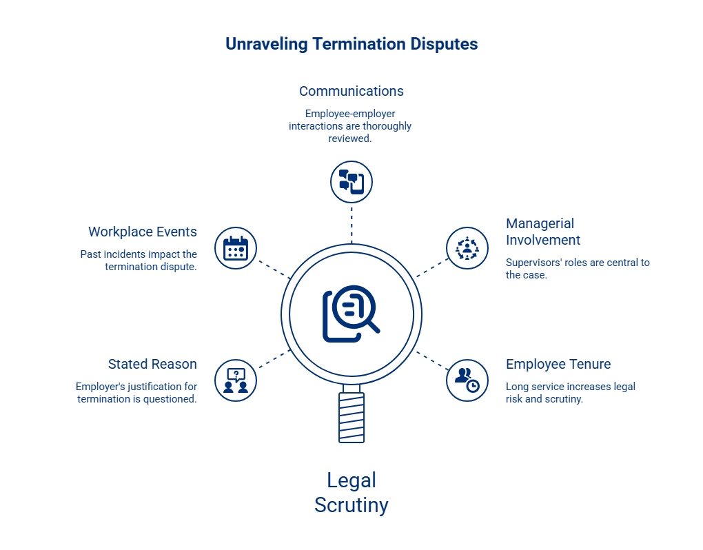 Infographic showing factors reviewed in termination disputes, including workplace events, communications, managerial involvement, employee tenure, and the employer’s stated reason.