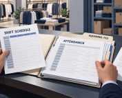 Retail manager compares a shift schedule with attendance records in an open personnel file beside the sales floor.