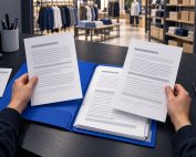 Hands compare employment records over a blue folder in a retail back office, with clothing racks behind the desk.